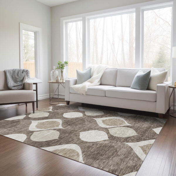 9' X 12' Taupe Beige And Brown Ogee Washable Indoor Outdoor Area Rug