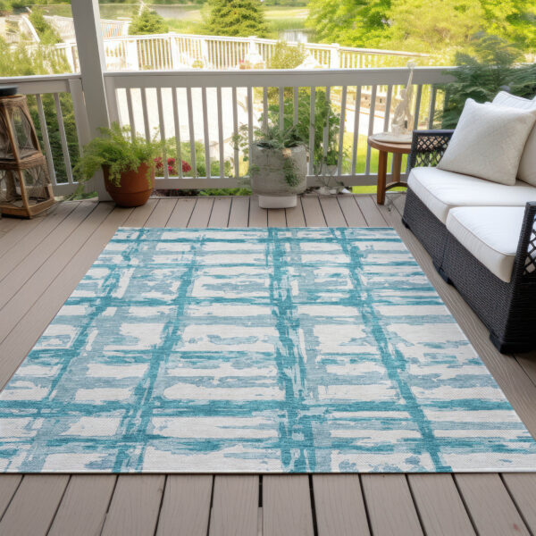 5' X 8' Teal Blue Aqua And Ivory Striped Washable Indoor Outdoor Area Rug