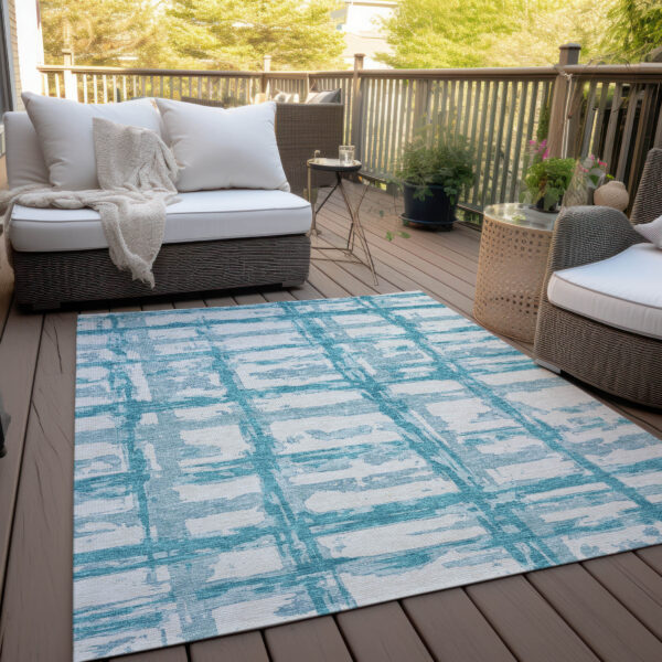 5' X 8' Teal Blue Aqua And Ivory Striped Washable Indoor Outdoor Area Rug