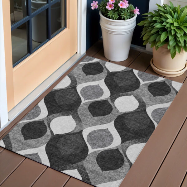 3' X 5' Black Silver And Charcoal Ogee Washable Indoor Outdoor Area Rug