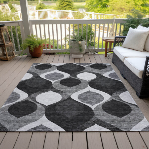3' X 5' Black Silver And Charcoal Ogee Washable Indoor Outdoor Area Rug