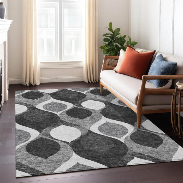 3' X 5' Black Silver And Charcoal Ogee Washable Indoor Outdoor Area Rug