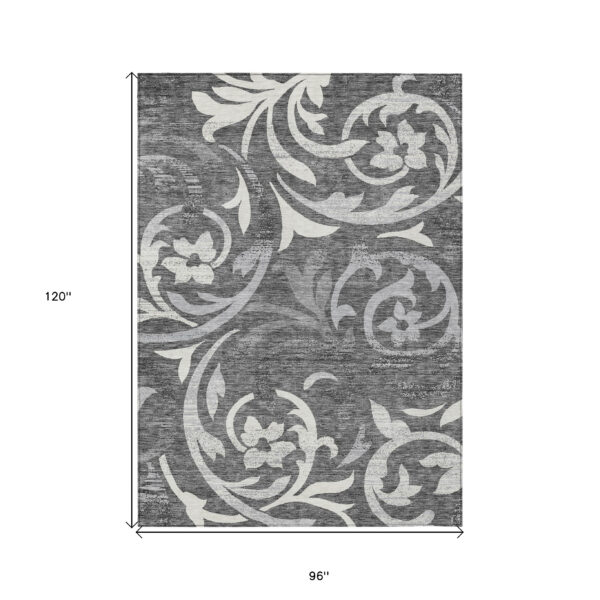 8' X 10' Charcoal Silver And Gray Floral Washable Indoor Outdoor Area Rug