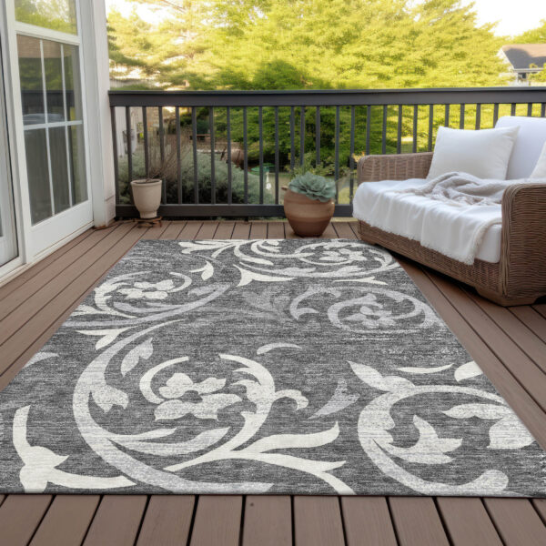 8' X 10' Charcoal Silver And Gray Floral Washable Indoor Outdoor Area Rug