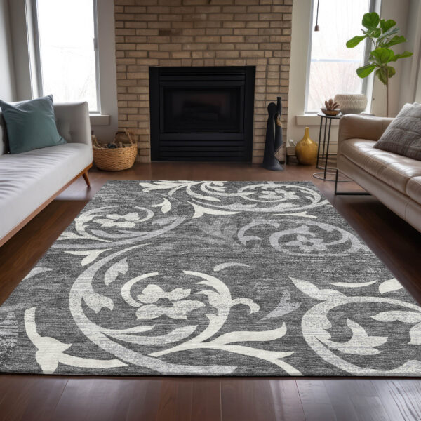 8' X 10' Charcoal Silver And Gray Floral Washable Indoor Outdoor Area Rug