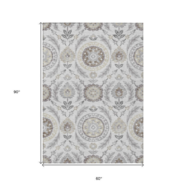 5' X 8' Silver Gray And Taupe Floral Washable Indoor Outdoor Area Rug