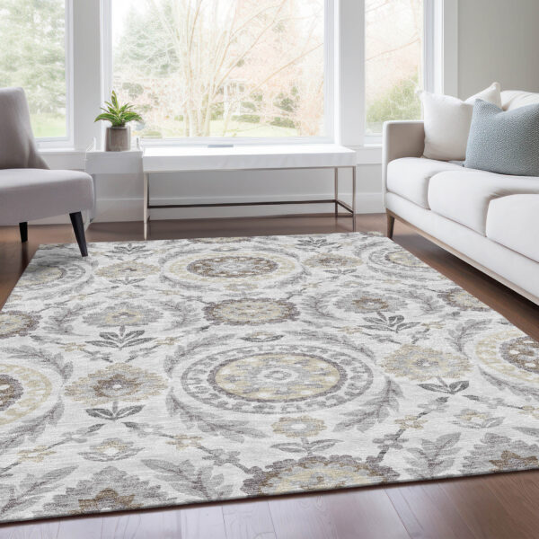 5' X 8' Silver Gray And Taupe Floral Washable Indoor Outdoor Area Rug