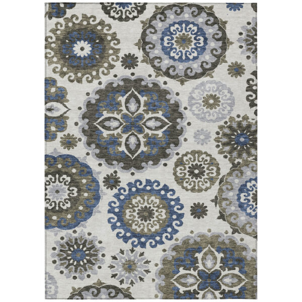 5' X 8' Pewter Silver And Gray Floral Medallion Washable Indoor Outdoor Area Rug
