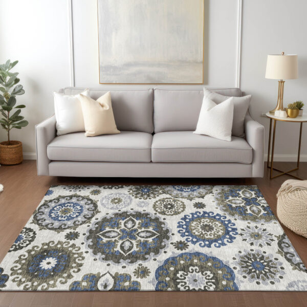 5' X 8' Pewter Silver And Gray Floral Medallion Washable Indoor Outdoor Area Rug