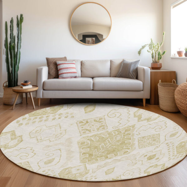 8' Beige Tan And Ivory Round Moroccan Washable Indoor Outdoor Area Rug