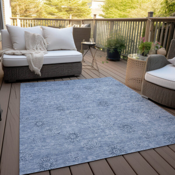 5' X 8' Sky Blue And Blue Floral Washable Indoor Outdoor Area Rug