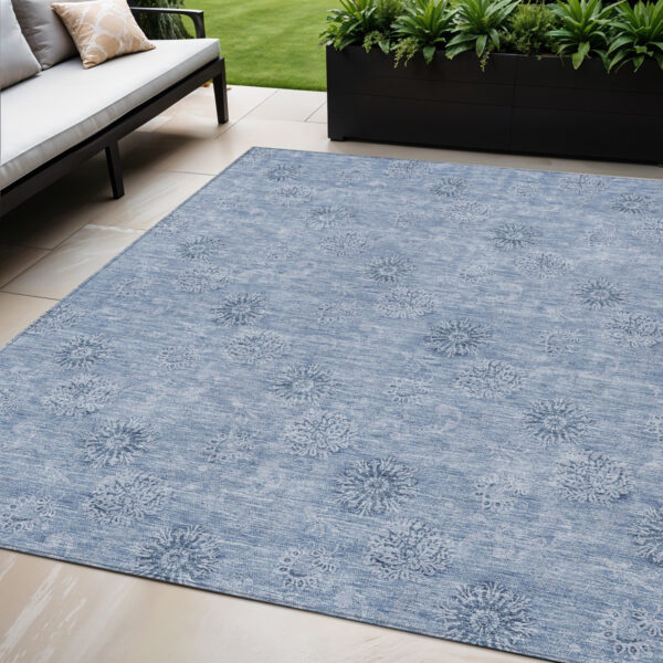 5' X 8' Sky Blue And Blue Floral Washable Indoor Outdoor Area Rug