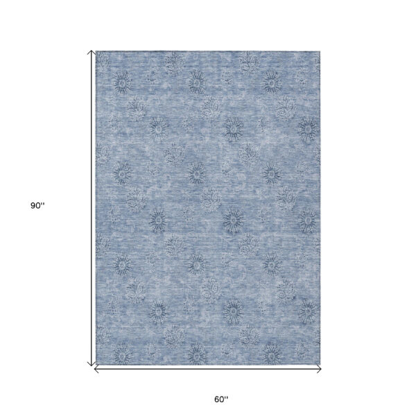 5' X 8' Sky Blue And Blue Floral Washable Indoor Outdoor Area Rug