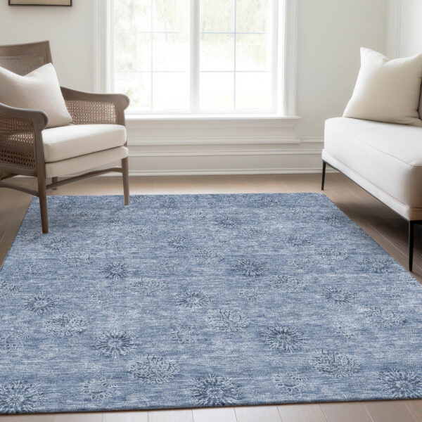 5' X 8' Sky Blue And Blue Floral Washable Indoor Outdoor Area Rug