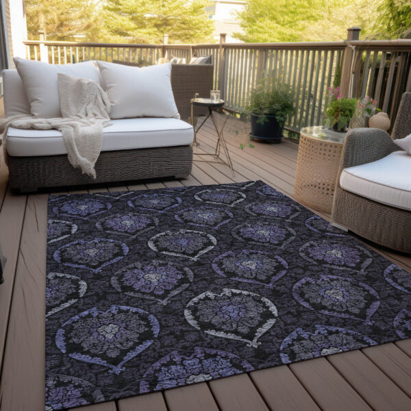 10' X 14' Purple Charcoal And Gray Medallion Washable Indoor Outdoor Area Rug
