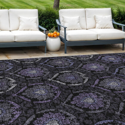 10' X 14' Purple Charcoal And Gray Medallion Washable Indoor Outdoor Area Rug