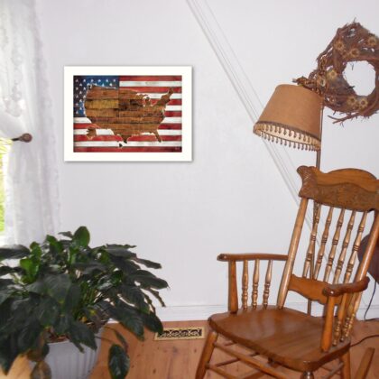 American Flag USA Map White Framed Print Wall Art