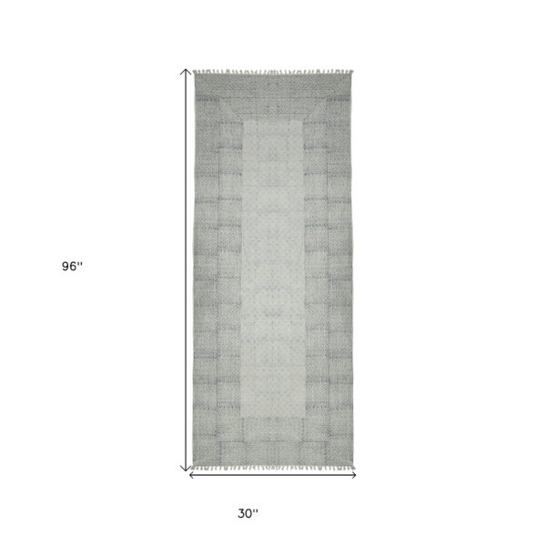 8' Blue Geometric Flatweave Handmade Distressed Runner Rug With Fringe