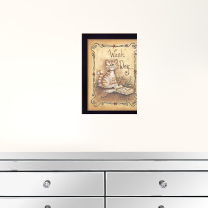 Wash Day Kitty Cat Black Framed Laundry Room Wall Art