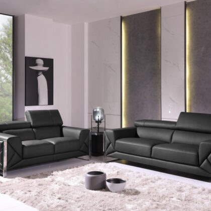 Two Piece Indoor Dark Gray Italian Leather Five Person Seating Set