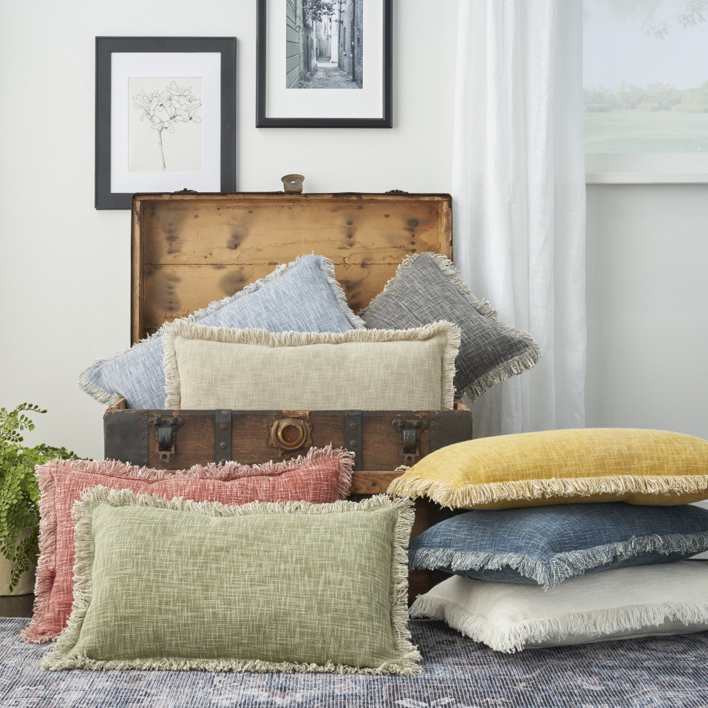 24" X 14" Yellow Linen Cotton Zippered Pillow With Fringe - Image 3