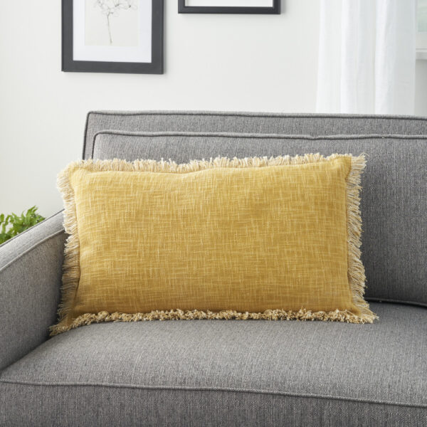 24" X 14" Yellow Linen Cotton Zippered Pillow With Fringe