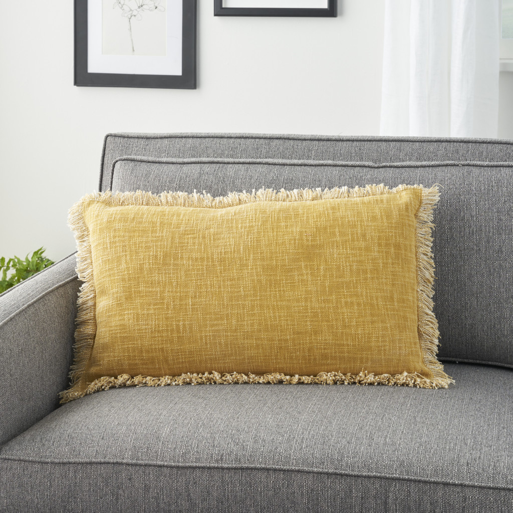 24" X 14" Yellow Linen Cotton Zippered Pillow With Fringe - Image 4