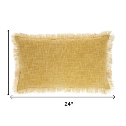 24" X 14" Yellow Linen Cotton Zippered Pillow With Fringe
