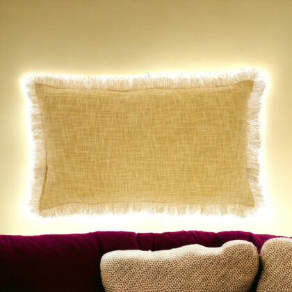 24" X 14" Yellow Linen Cotton Zippered Pillow With Fringe