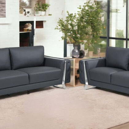 Two Piece Indoor Dark Gray Italian Leather Five Person Seating Set