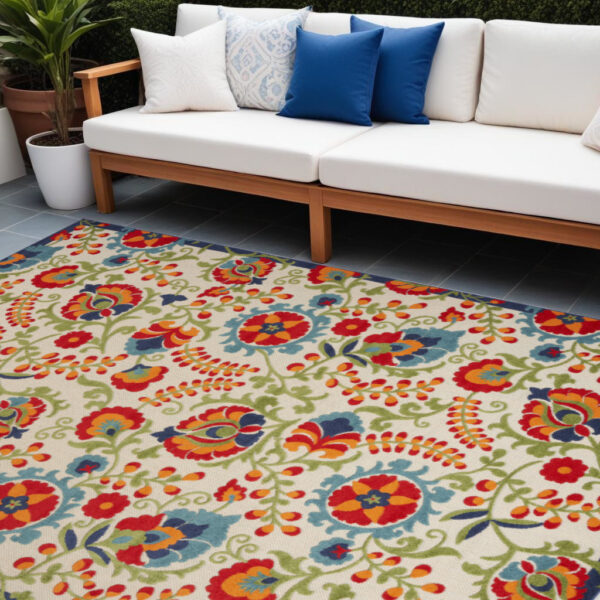 12' X 15' Ivory Blue and Orange Indoor Outdoor Area Rug