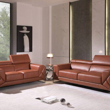 Two Piece Indoor Camel Italian Leather Five Person Seating Set