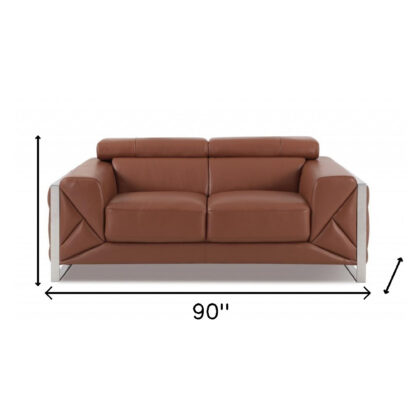Two Piece Indoor Camel Italian Leather Five Person Seating Set