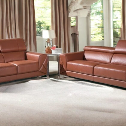 Two Piece Indoor Camel Italian Leather Five Person Seating Set