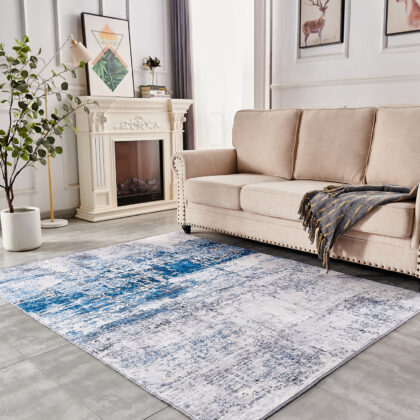 2' x 3' Gray and Blue Abstract Shag Printed Washable Non Skid Area Rug