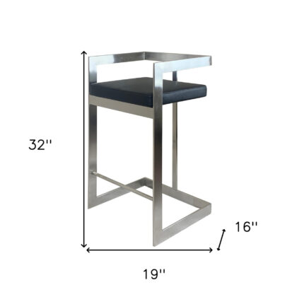 26" Black and Silver Faux Leather and Metal Low Back Counter Height Bar Chair