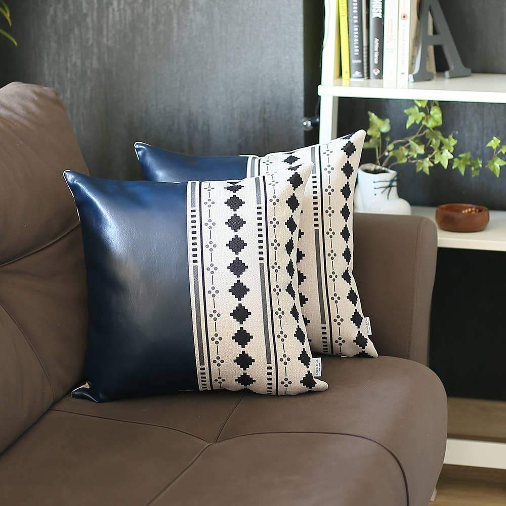 Set Of Two 17" X 17" Navy Blue Faux Leather Diamond Zippered Pillow - Image 2