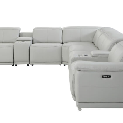 Light Gray Italian Leather Power Reclining U Shaped Eight Piece Corner Sectional With Console