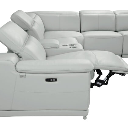 Light Gray Italian Leather Power Reclining U Shaped Eight Piece Corner Sectional With Console