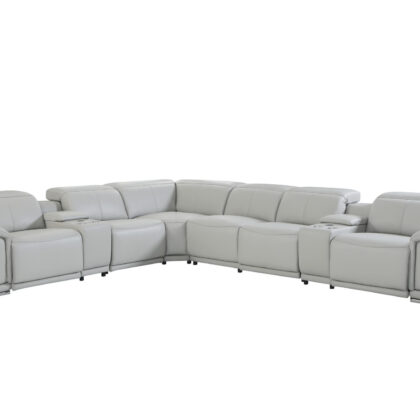 Light Gray Italian Leather Power Reclining U Shaped Eight Piece Corner Sectional With Console