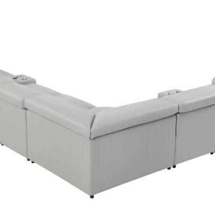 Light Gray Italian Leather Power Reclining U Shaped Eight Piece Corner Sectional With Console