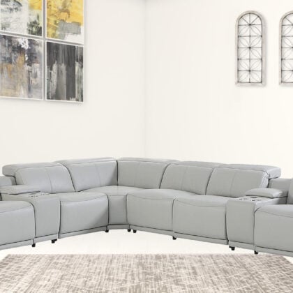 Light Gray Italian Leather Power Reclining U Shaped Eight Piece Corner Sectional With Console