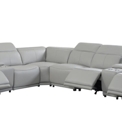 Light Gray Italian Leather Power Reclining U Shaped Eight Piece Corner Sectional With Console