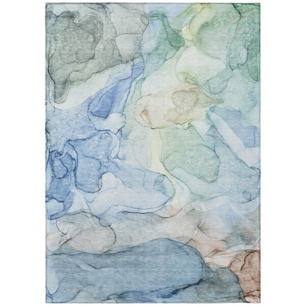 5' X 8' Blue Abstract Washable Non Skid Indoor Outdoor Area Rug