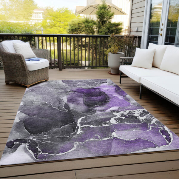 3' X 5' Gray and Purple Abstract Washable Non Skid Indoor Outdoor Area Rug