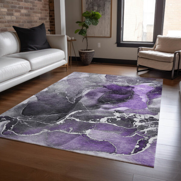 3' X 5' Gray and Purple Abstract Washable Non Skid Indoor Outdoor Area Rug