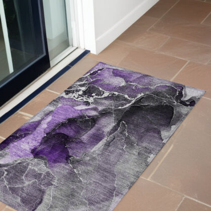 3' X 5' Gray and Purple Abstract Washable Non Skid Indoor Outdoor Area Rug