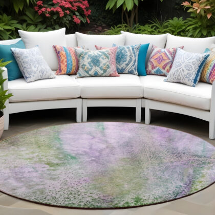 8' Round Purple Round Abstract Washable Non Skid Indoor Outdoor Area Rug