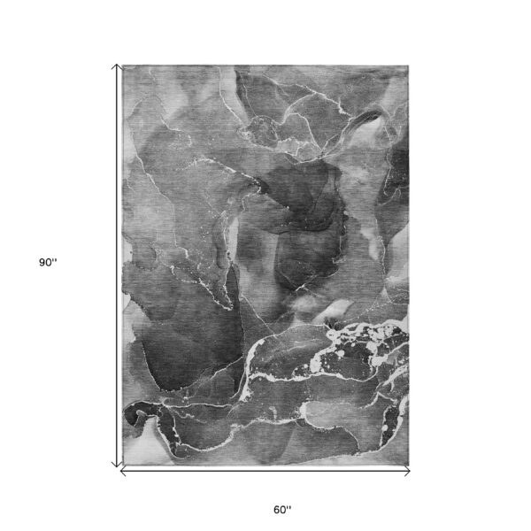 5' X 8' Black Gray and White Abstract Washable Non Skid Indoor Outdoor Area Rug