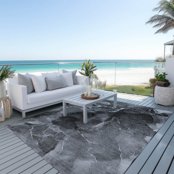 5' X 8' Black Gray and White Abstract Washable Non Skid Indoor Outdoor Area Rug